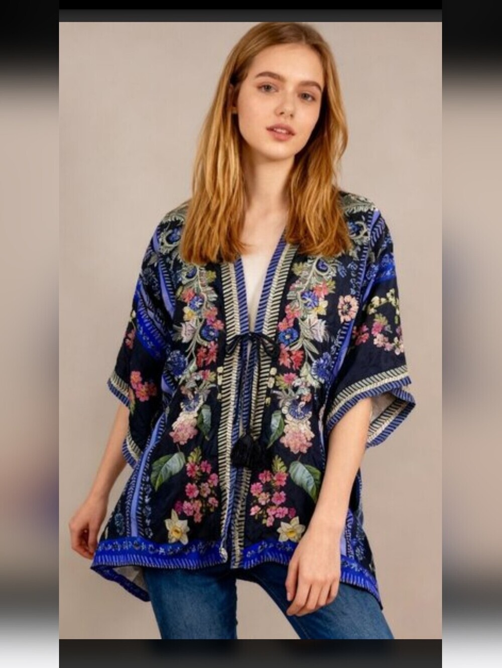 Johnny Was Silk Leia Boho Floral Embroidered Tassel Tie Kimono, Multi Colors - Picture 4 of 5